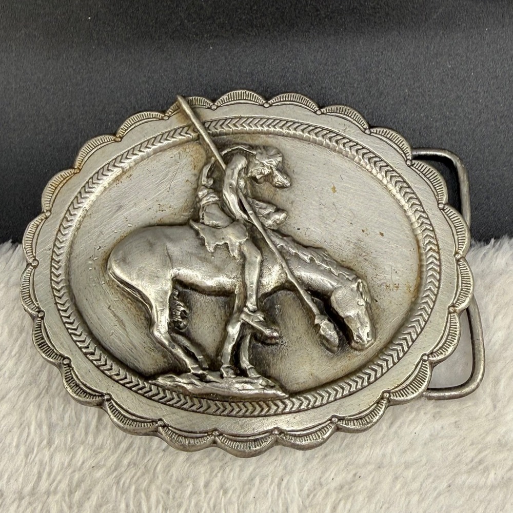 Vintage Siskiyou Belt Buckle Silver Native American End of the Trail 1982